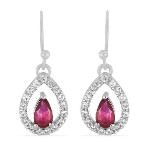 NATURAL GLASS FILLED RUBY GEMSTONE CLASSIC EARRINGS IN 925 SILVER
